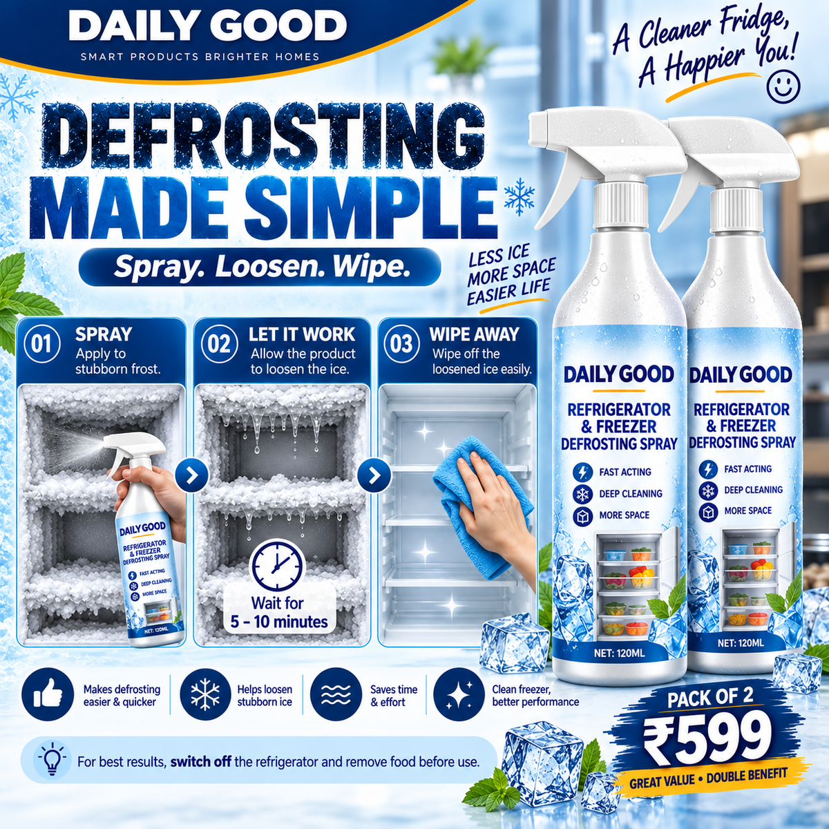FrostAway™ Fridge De-Icer Spray (Pack Of 2) -120ml Each